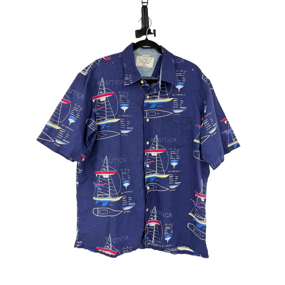 Nautica Mens XL Button Up Shirt Sailboat Print Navy Short Sleeve Linen Nautical